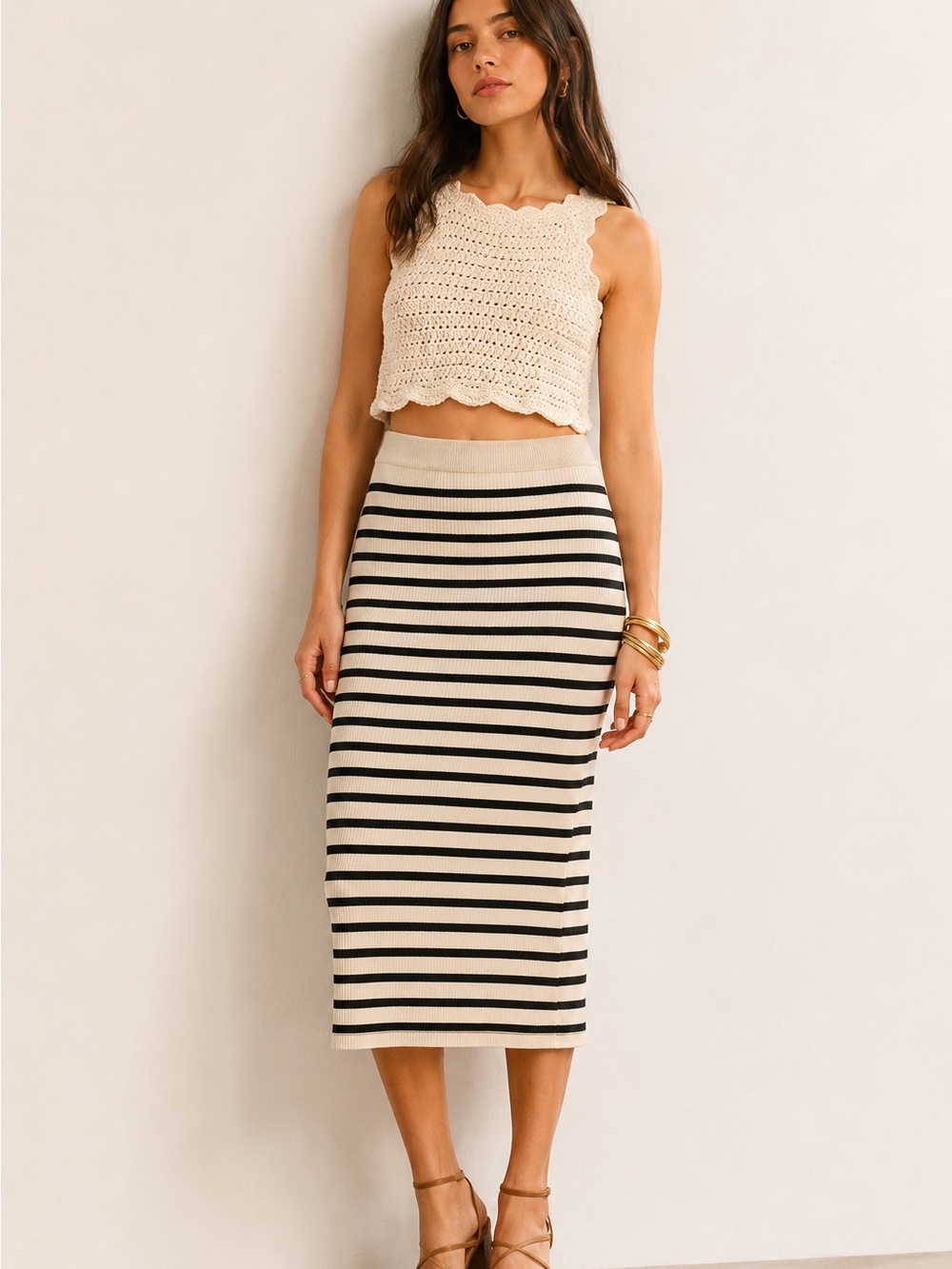 Zara Stripped Cream Black Midi Knit Stretch Skirt Sz Small